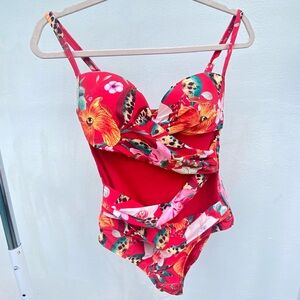 Chamela Red Floral & Cheetah Mesh One Piece Swimsuit Size Large